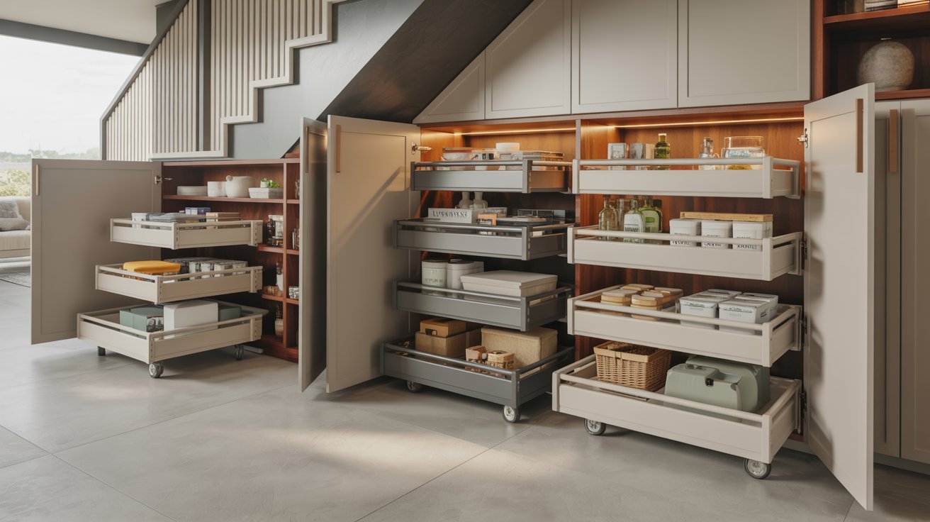 A well-organized kitchen featuring a pantry and shelves filled with various kitchen items and ingredients.