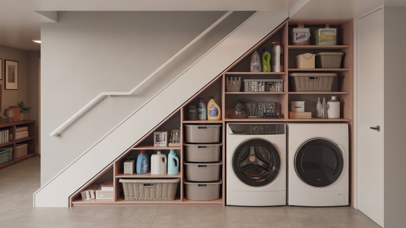 A laundry room featuring a washer and dryer neatly placed under a staircase.