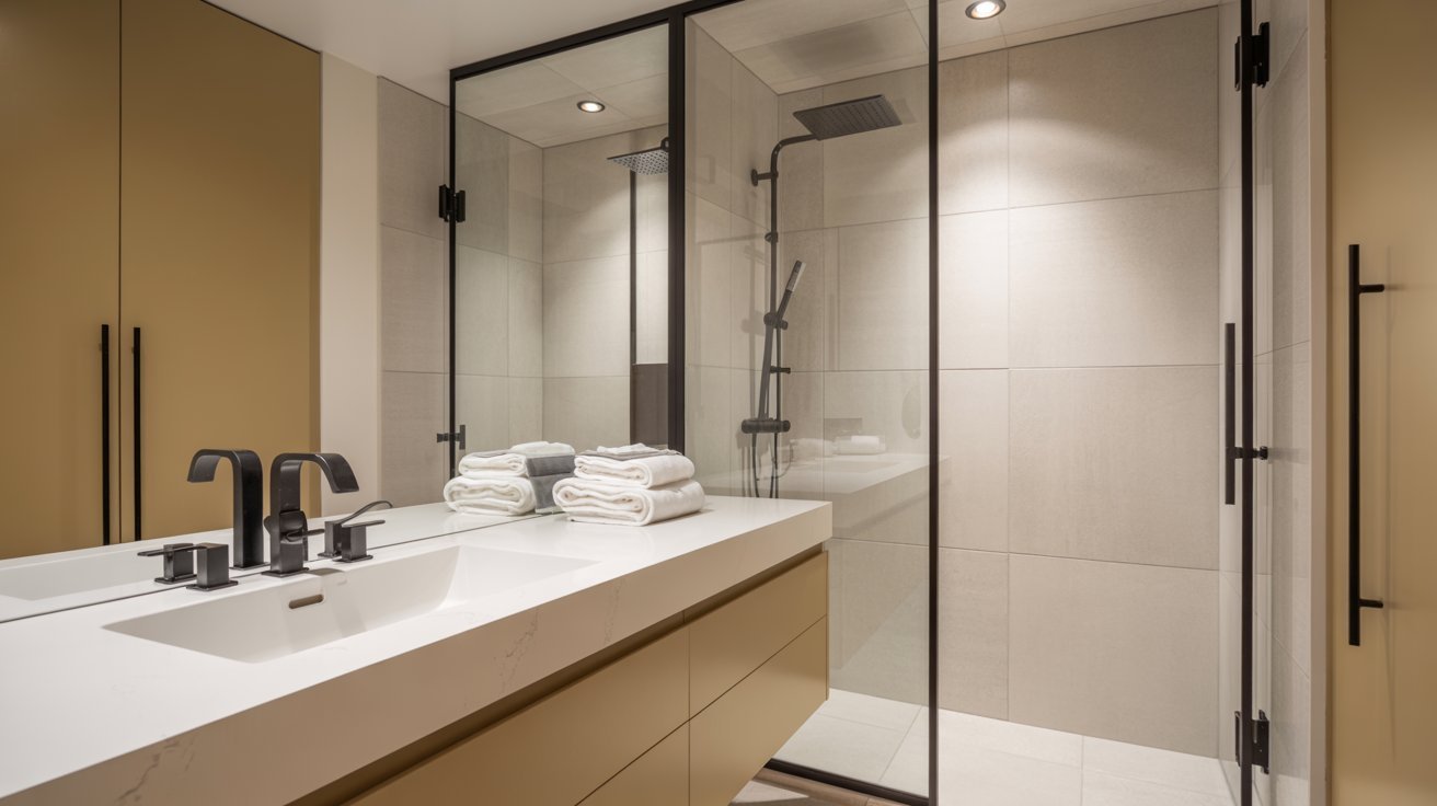 A sleek modern bathroom featuring a glass shower door and contemporary fixtures.