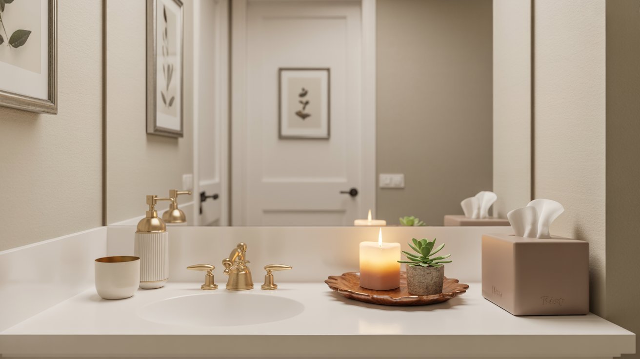 A serene bathroom featuring a candle and a potted plant on the counter, creating a calming atmosphere.