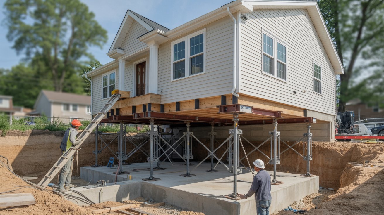 A man on a ladder works on a house being constructed on a solid foundation.