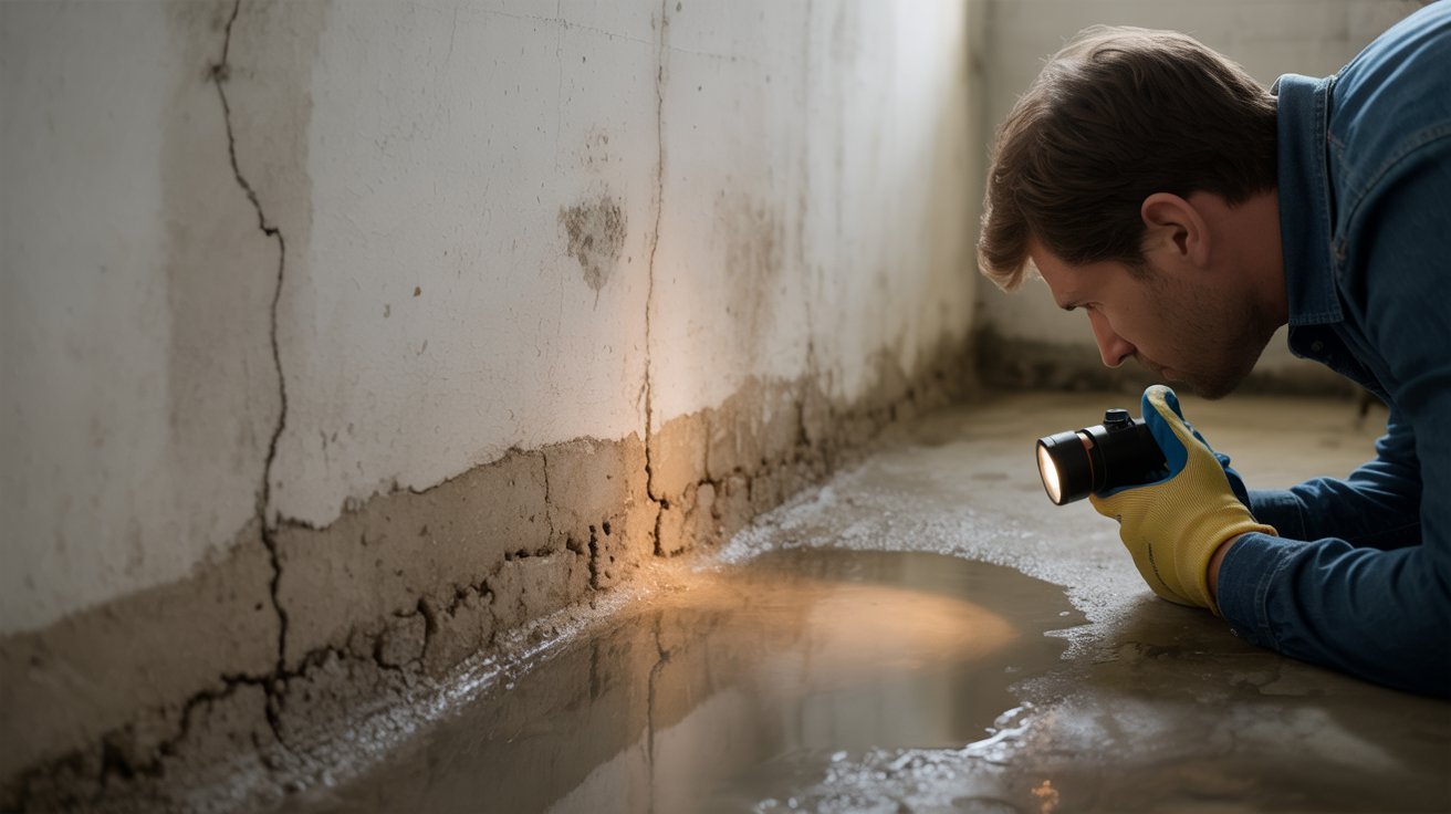 A man wearing a blue shirt and yellow gloves examines a light source with a focused expression.