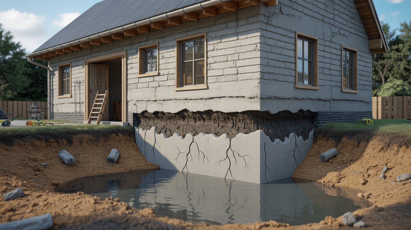 A house with a visible hole in the ground nearby, indicating possible excavation or structural issues.