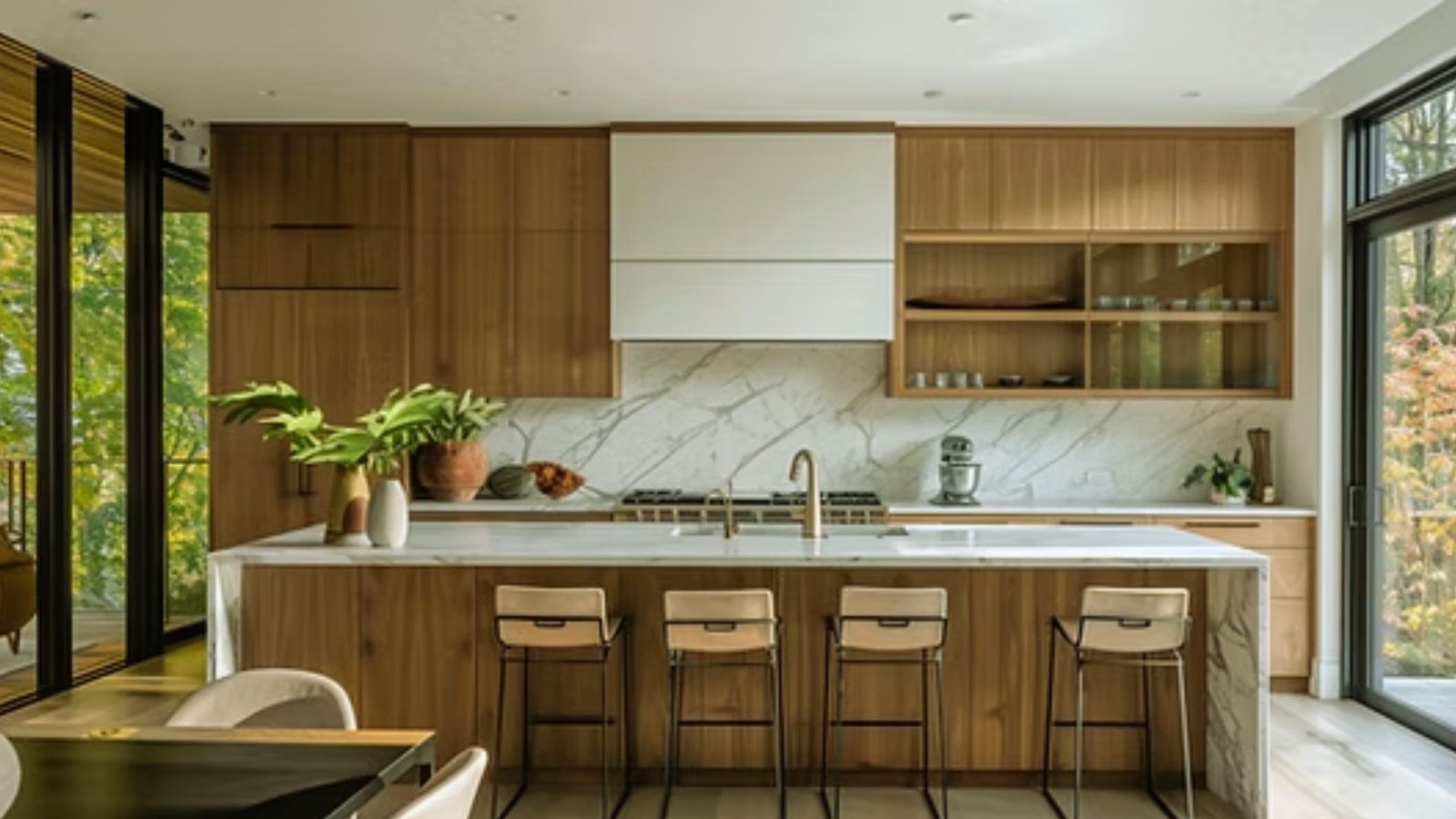 A modern kitchen featuring wooden cabinets and a spacious central island for cooking and dining.