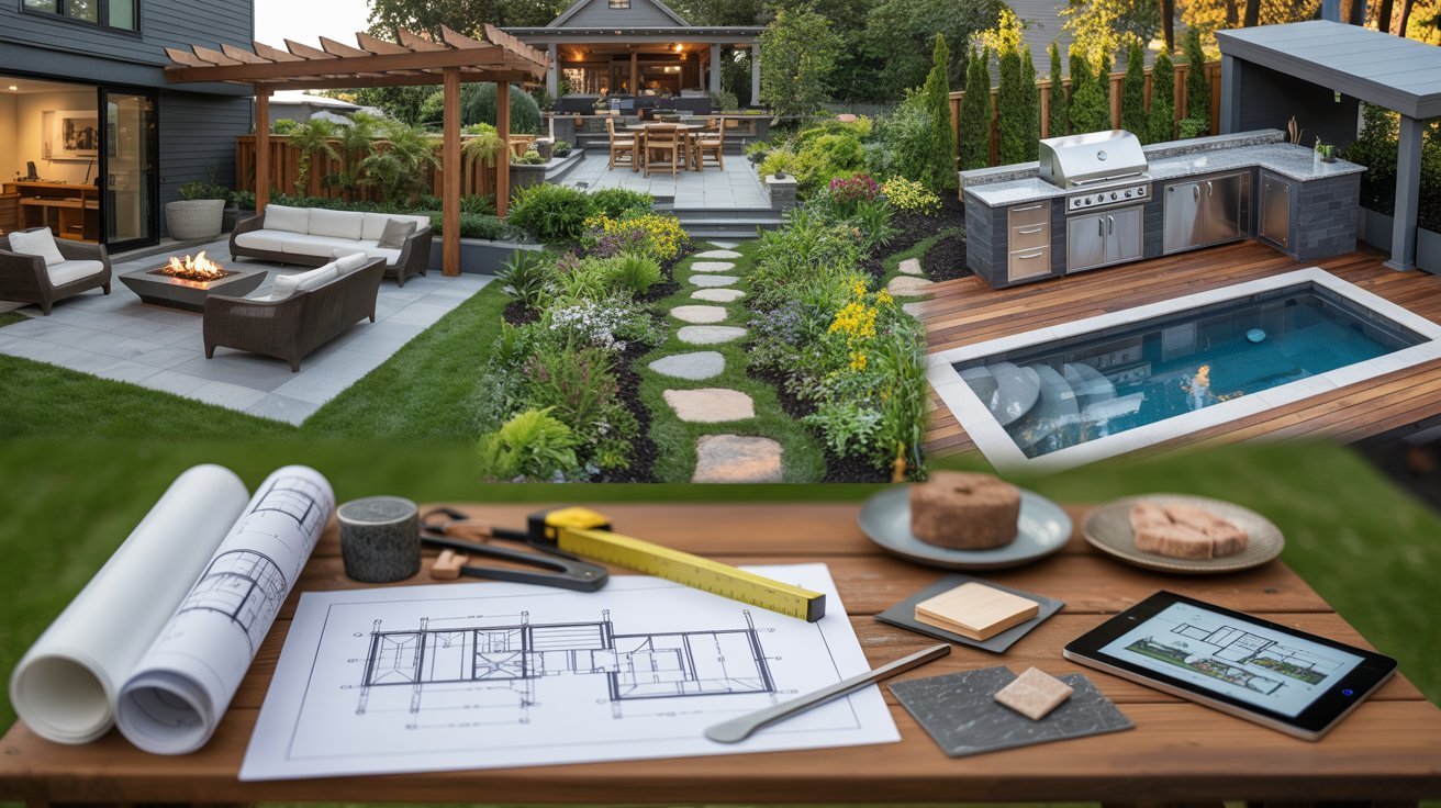 A backyard featuring a pool, outdoor furniture, and a blueprint for landscaping or renovation plans.