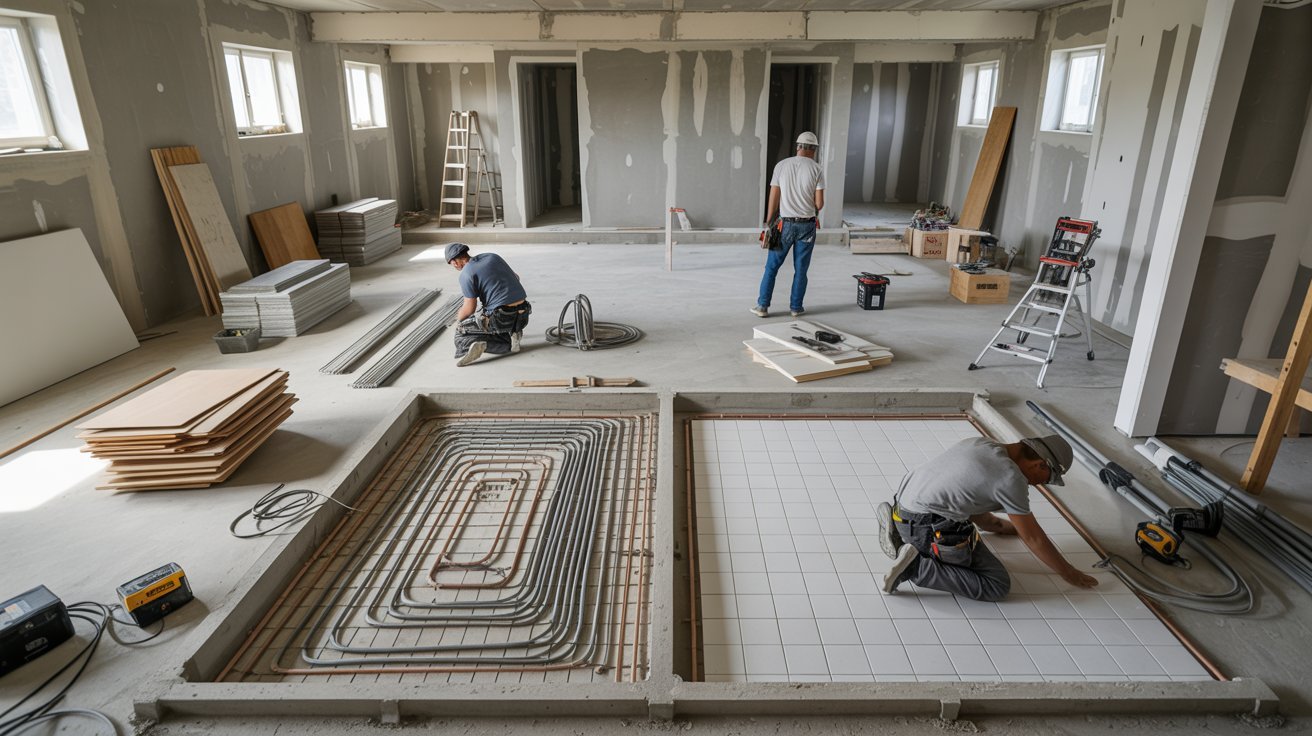 Construction workers installing flooring and walls in a room under renovation.