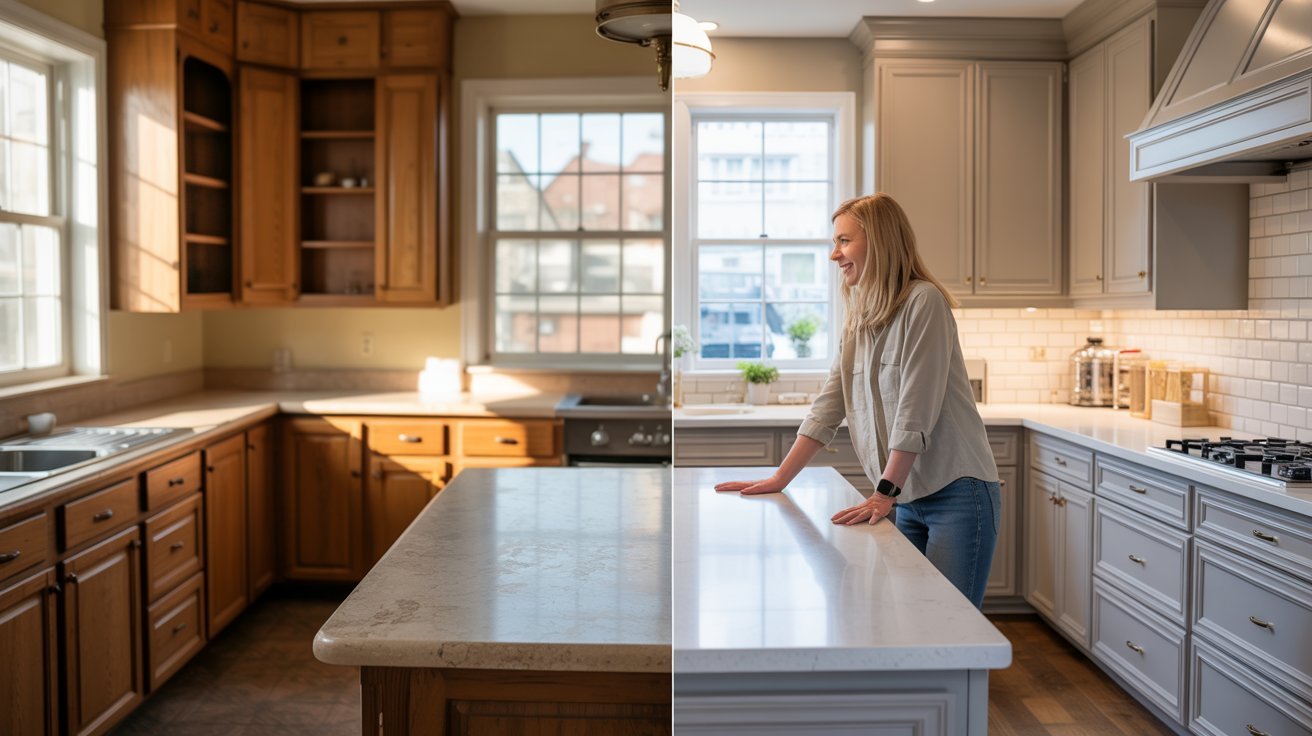 Side-by-side comparison of a kitchen before and after a remodel, showcasing updated cabinetry and modern appliances.