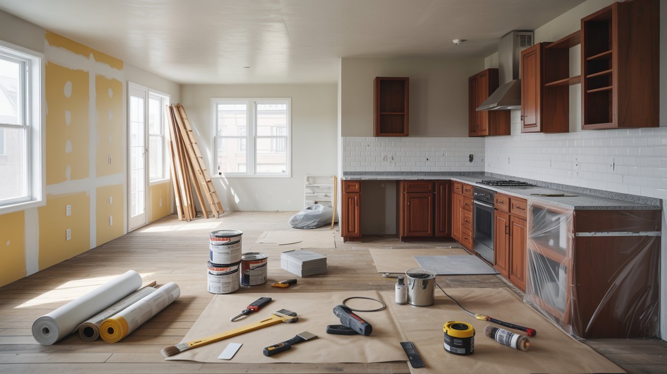A kitchen with various tools scattered on the floor, alongside splatters of paint, indicating a recent DIY project.