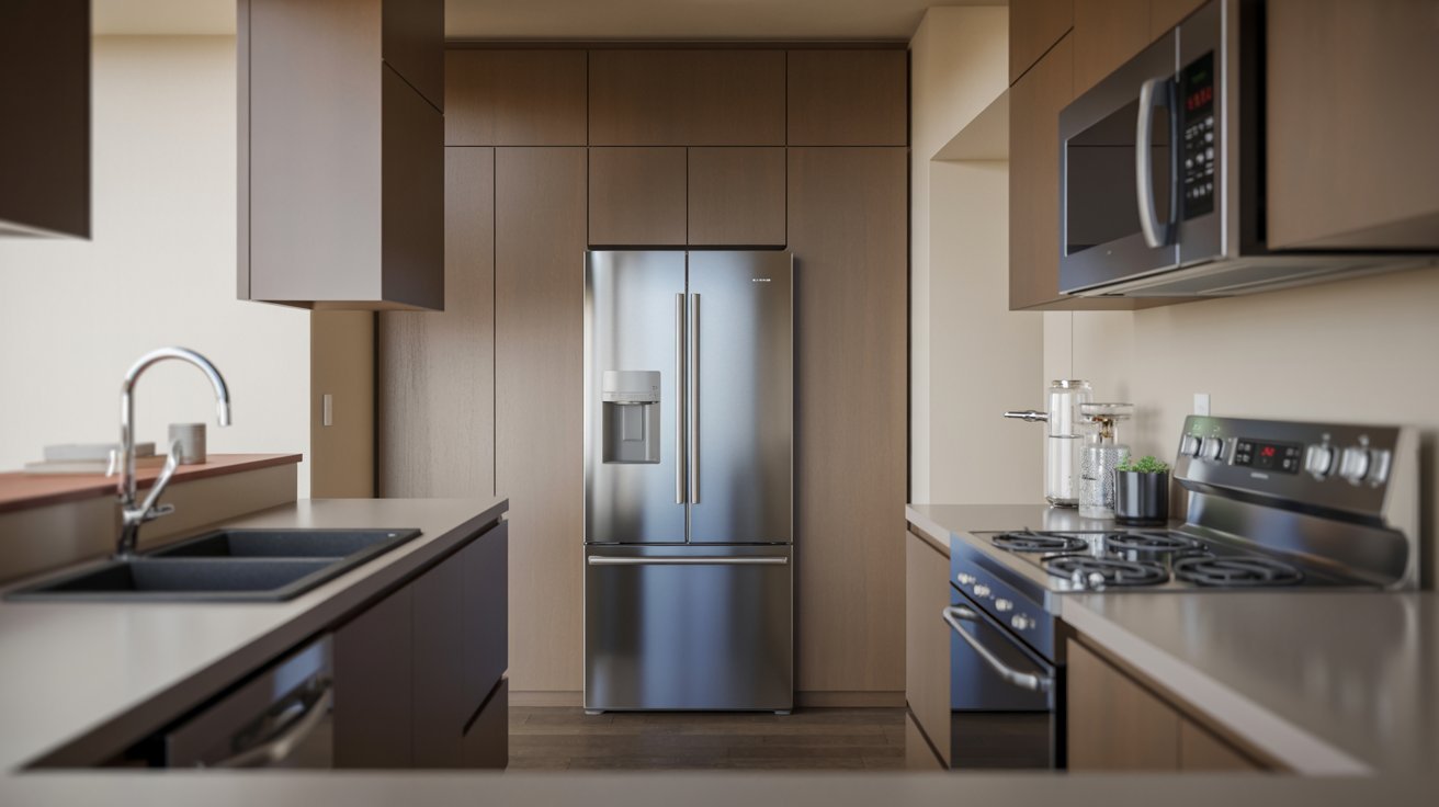A modern kitchen featuring stainless steel appliances and elegant wooden cabinets.