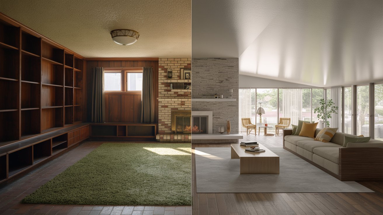 A cozy living room featuring a fireplace and built-in bookshelves filled with books.