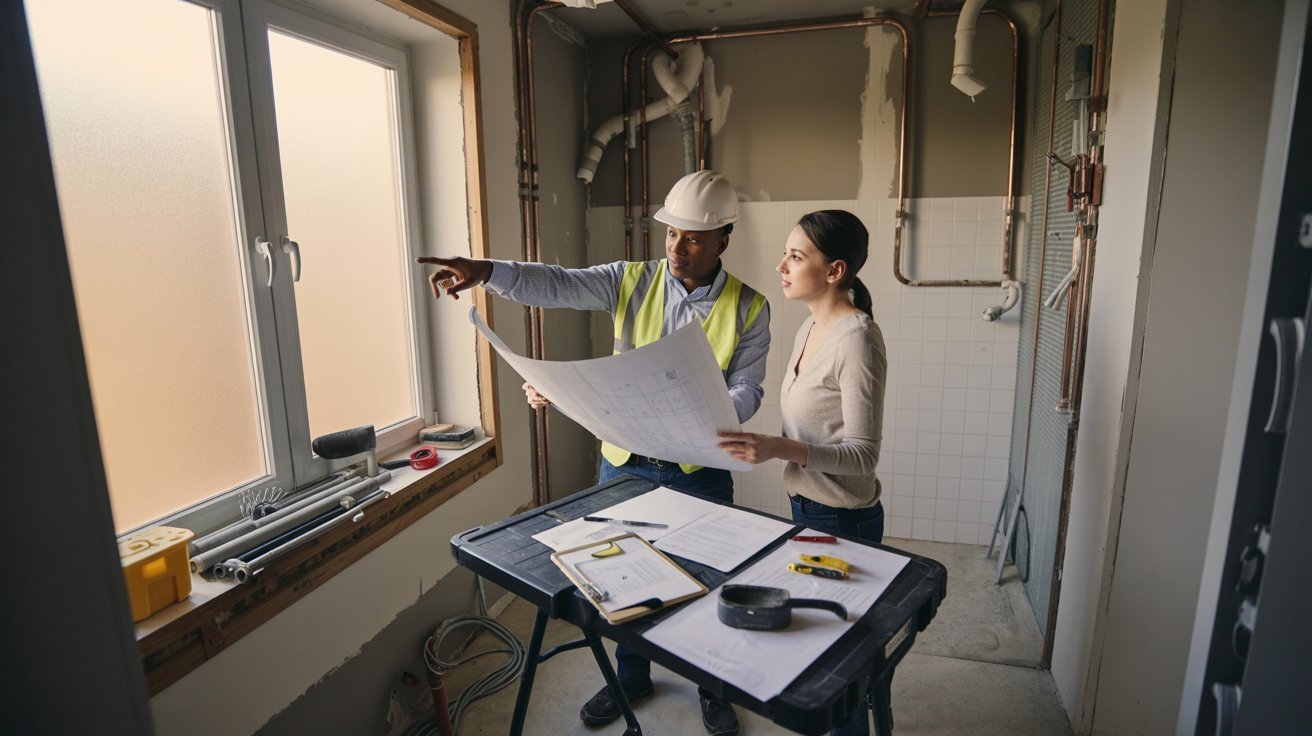 Two individuals reviewing blueprints in a construction room, surrounded by tools and materials.