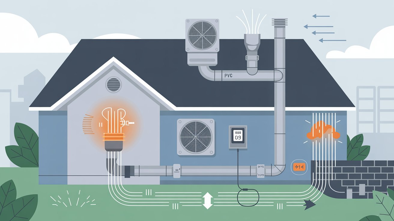 Various water pipes and plumbing items arranged around a house, showcasing home maintenance tools and materials.