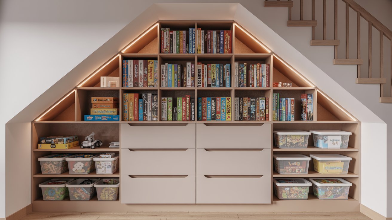 A bookcase filled with various books and colorful toys arranged neatly on the shelves.