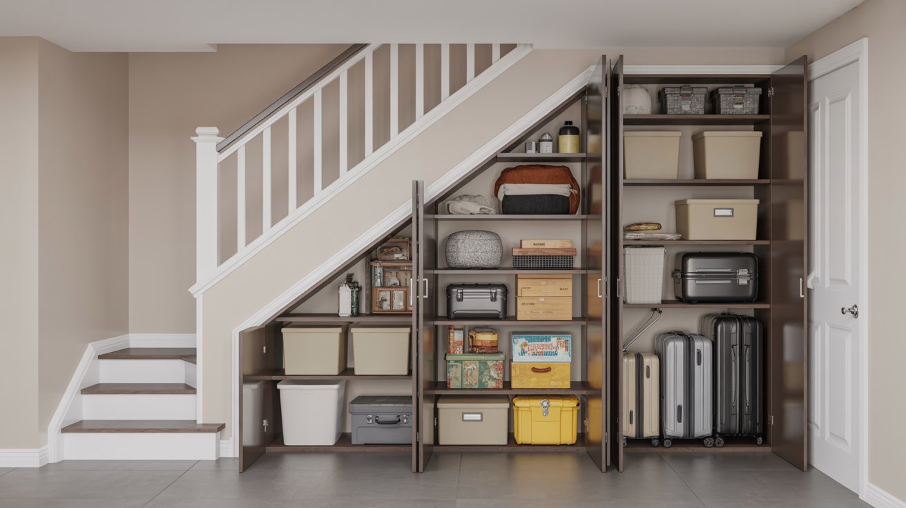 A cozy room featuring a storage shelf built under the stairs, showcasing organized items and a warm atmosphere.