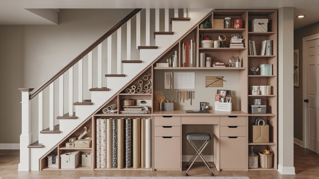 A cozy home office tucked under the stairs, featuring a desk and shelves filled with books and office supplies.