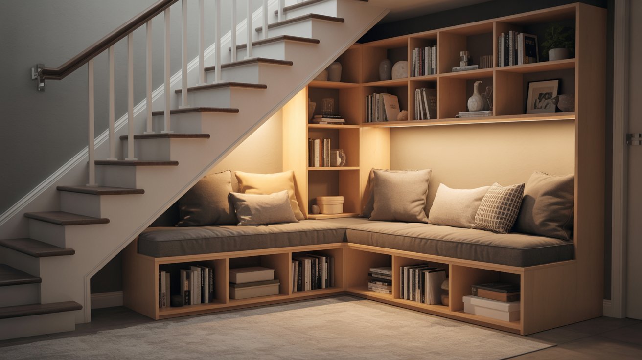 A small bookcase positioned under a staircase beside a cozy couch, creating a functional and inviting living space.