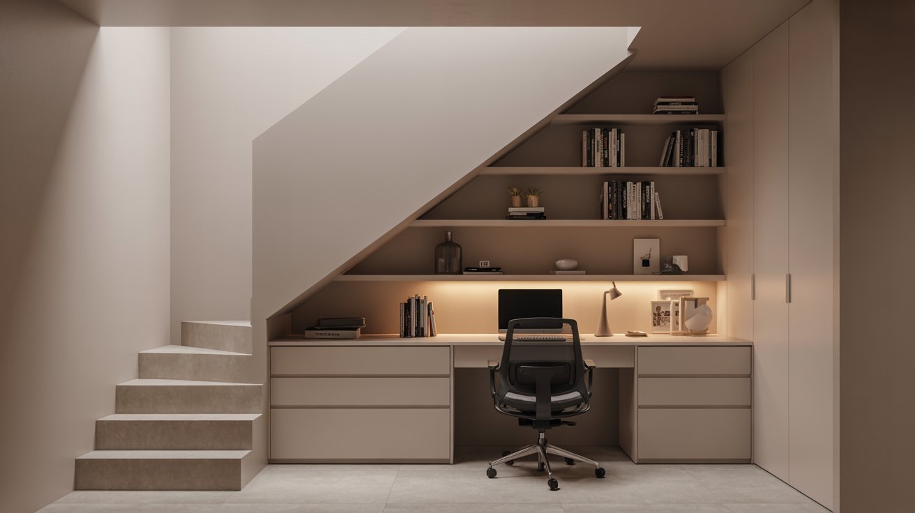 A cozy home office featuring a desk and shelves neatly arranged under a staircase.