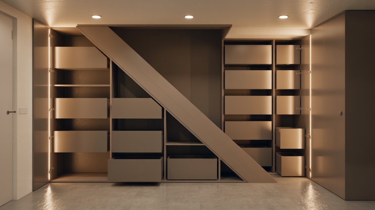 A well-organized closet featuring shelves and built-in lighting for enhanced visibility.