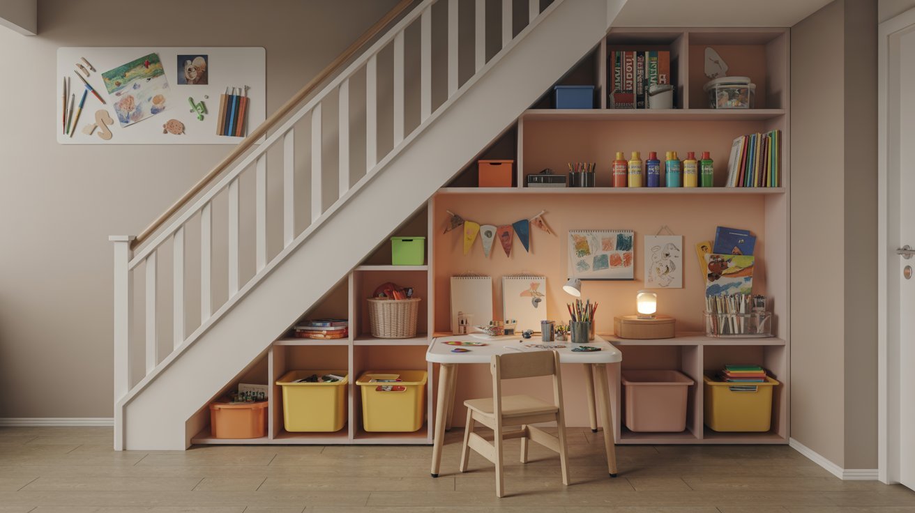A cozy home office tucked under the stairs, featuring a desk and shelves filled with books and decorative items.