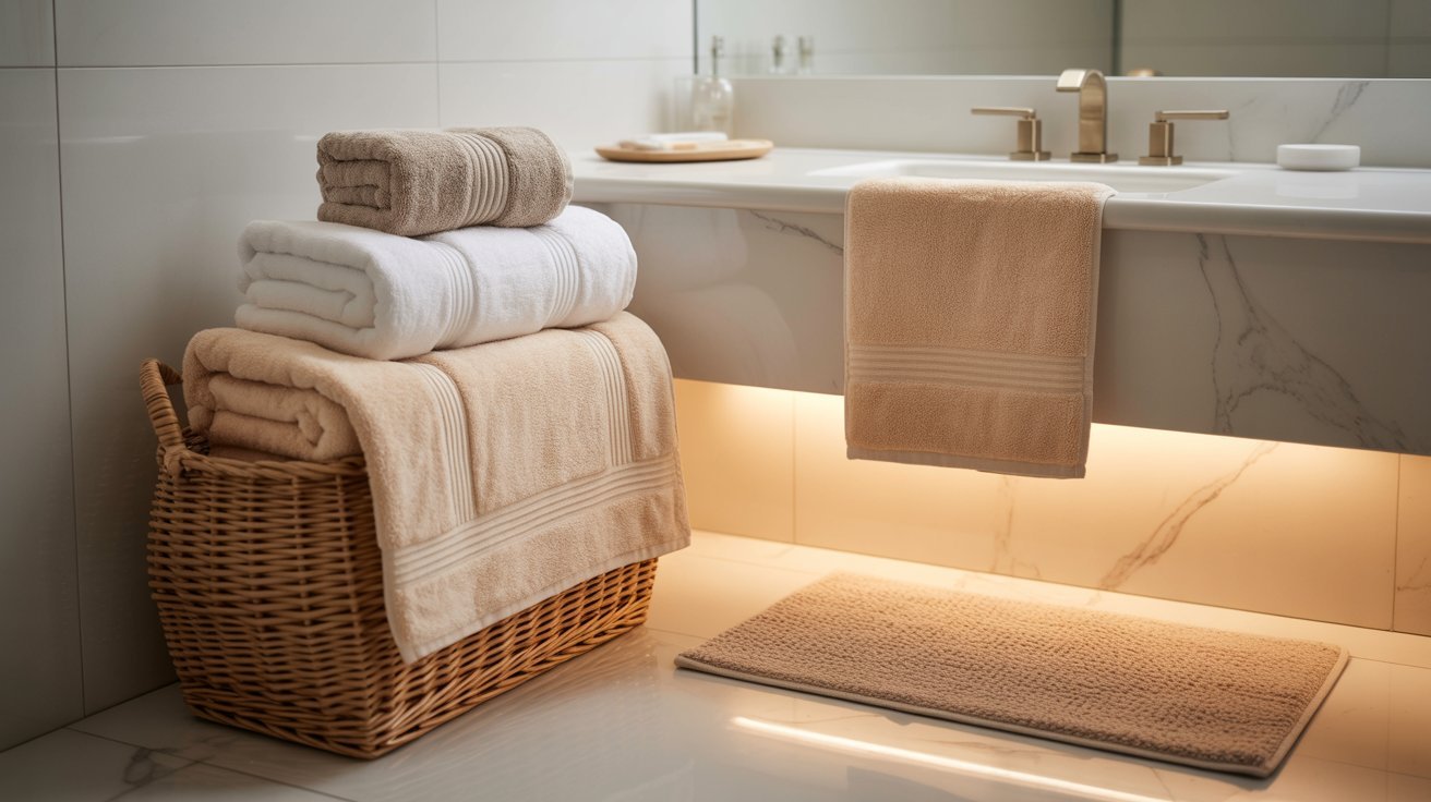 A bathroom featuring a sink, a mirror above it, and neatly arranged towels on a rack.
