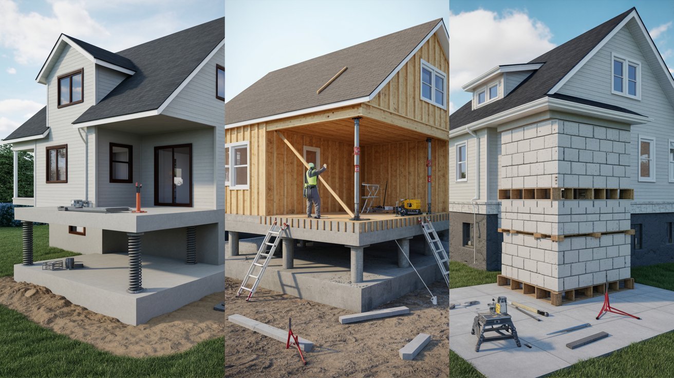 Three images showing various stages of a house under construction, highlighting framing, roofing, and exterior work.