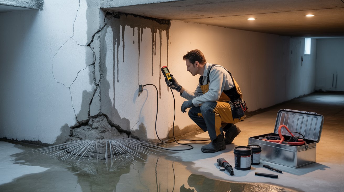 A man repairs a wall using a power drill, focused on his task in a well-lit room.