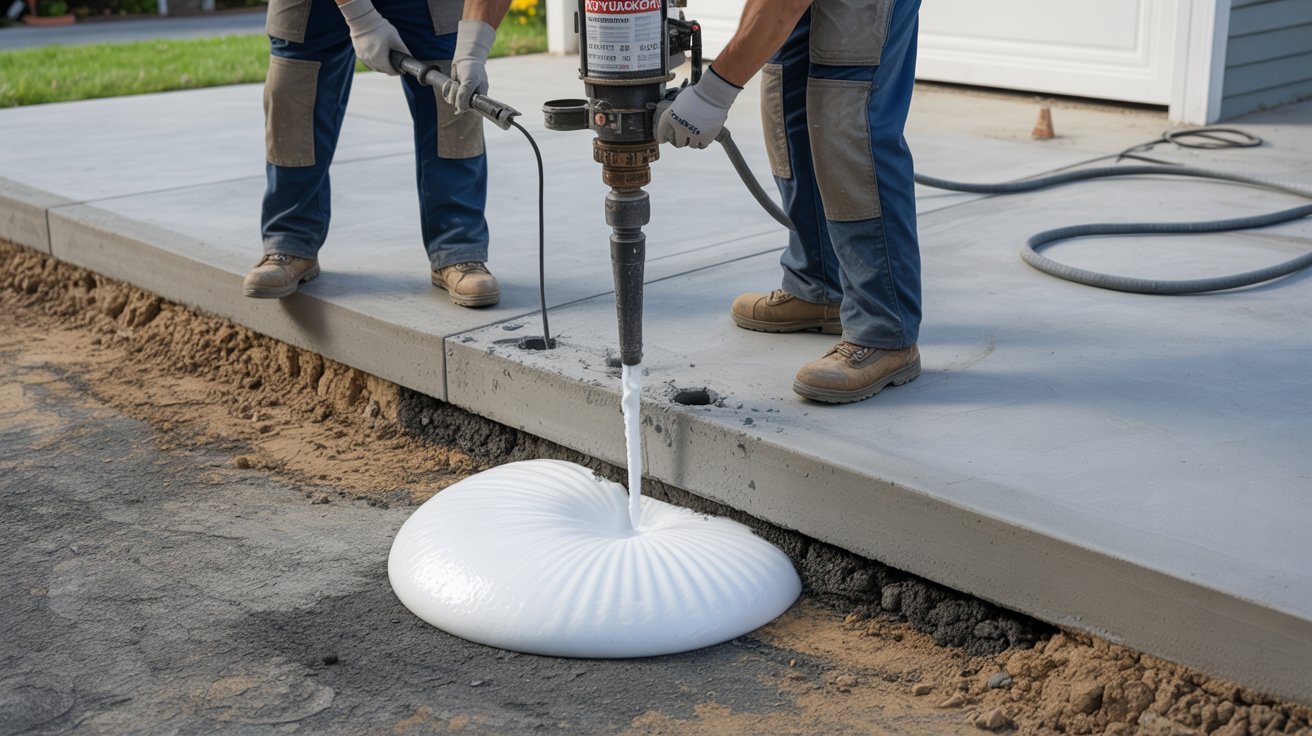 Two men operating a drill to pour concrete into a construction site, focused on their task.