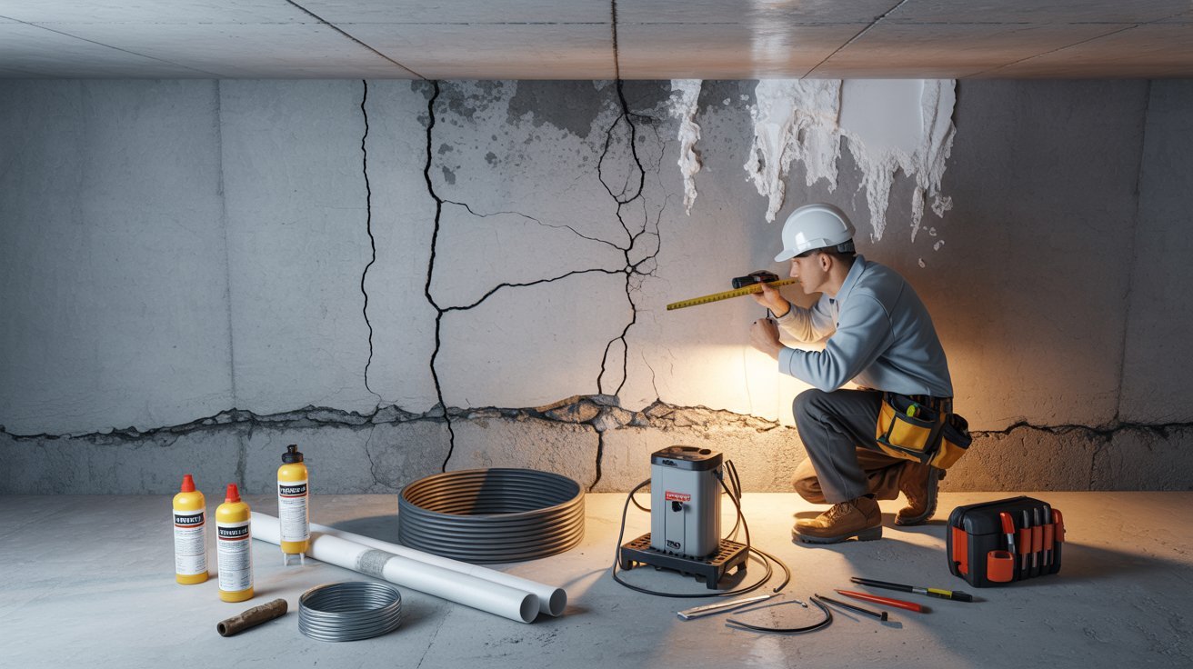A man wearing a hard hat and helmet is actively working on a wall, focused on his construction task.