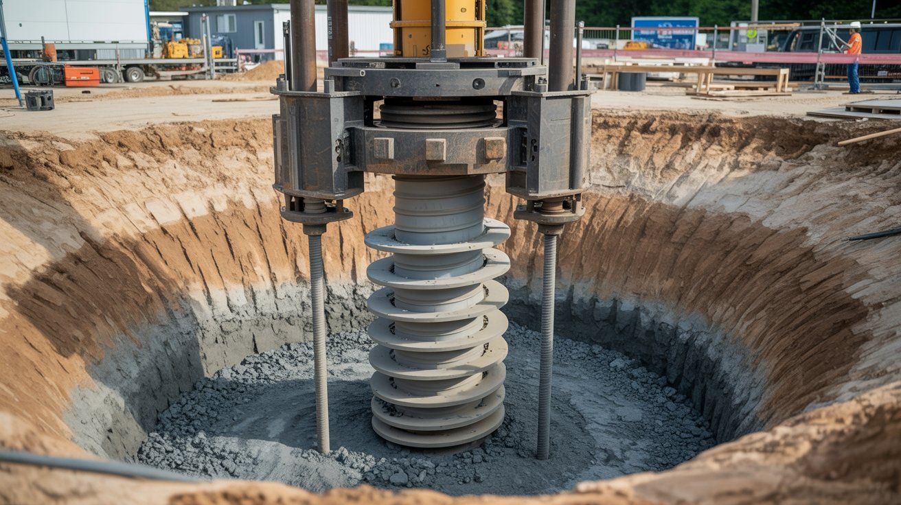 A large hole in the ground featuring a substantial pipe extending into it.