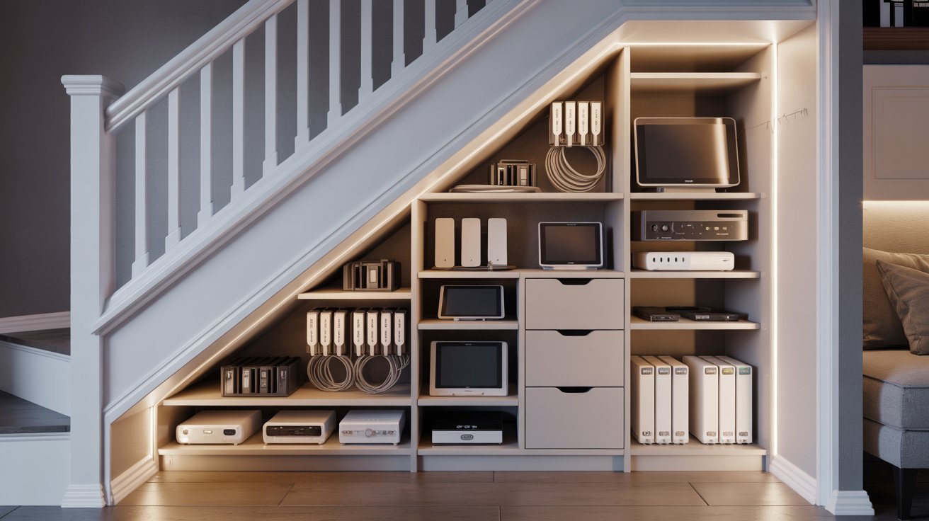 A cozy room featuring a computer desk positioned beneath a staircase, creating a functional workspace.