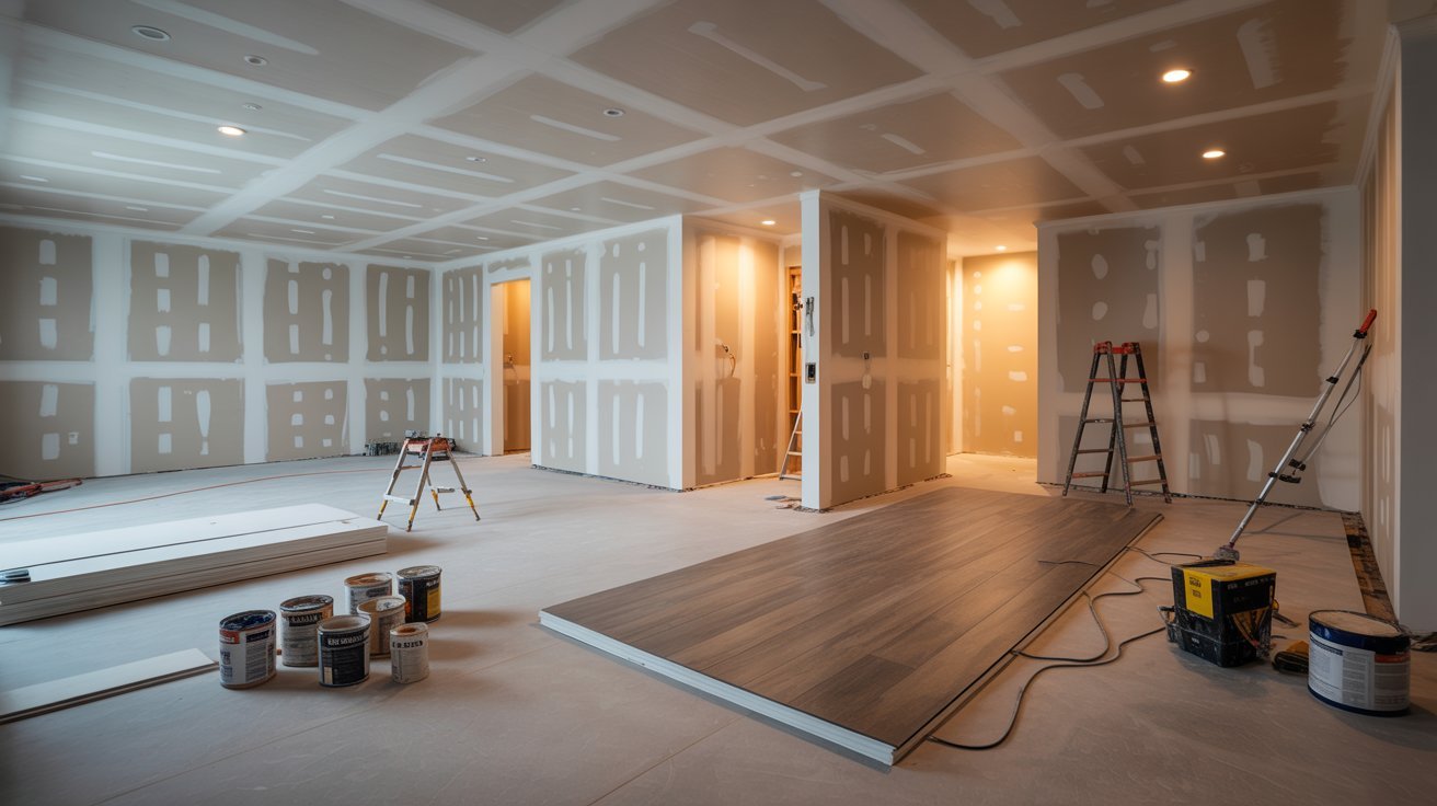 A room filled with various construction materials and tools, including wood, nails, and power tools scattered around.