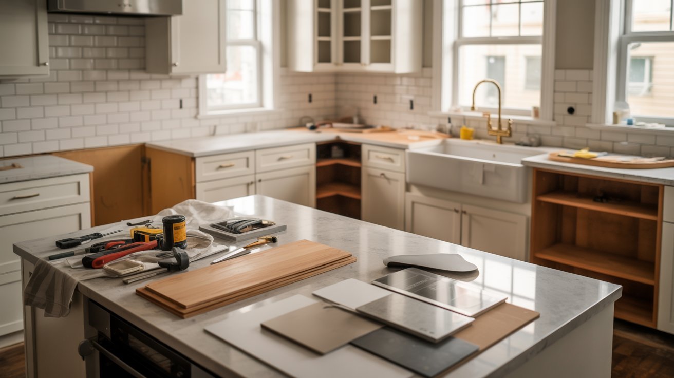 A kitchen featuring a sink, countertop, and cabinets, showcasing a functional and organized cooking space.