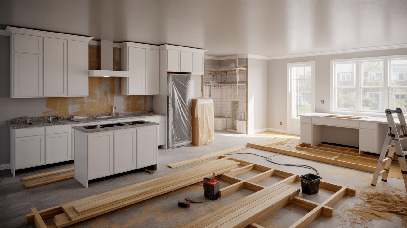 A kitchen remodel in progress featuring new wood floors and cabinets, showcasing a modern design aesthetic.