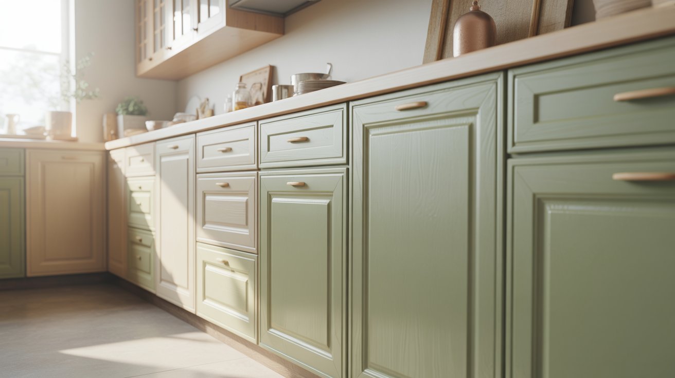 A modern kitchen featuring green cabinets and warm wooden countertops, creating a vibrant and inviting atmosphere.