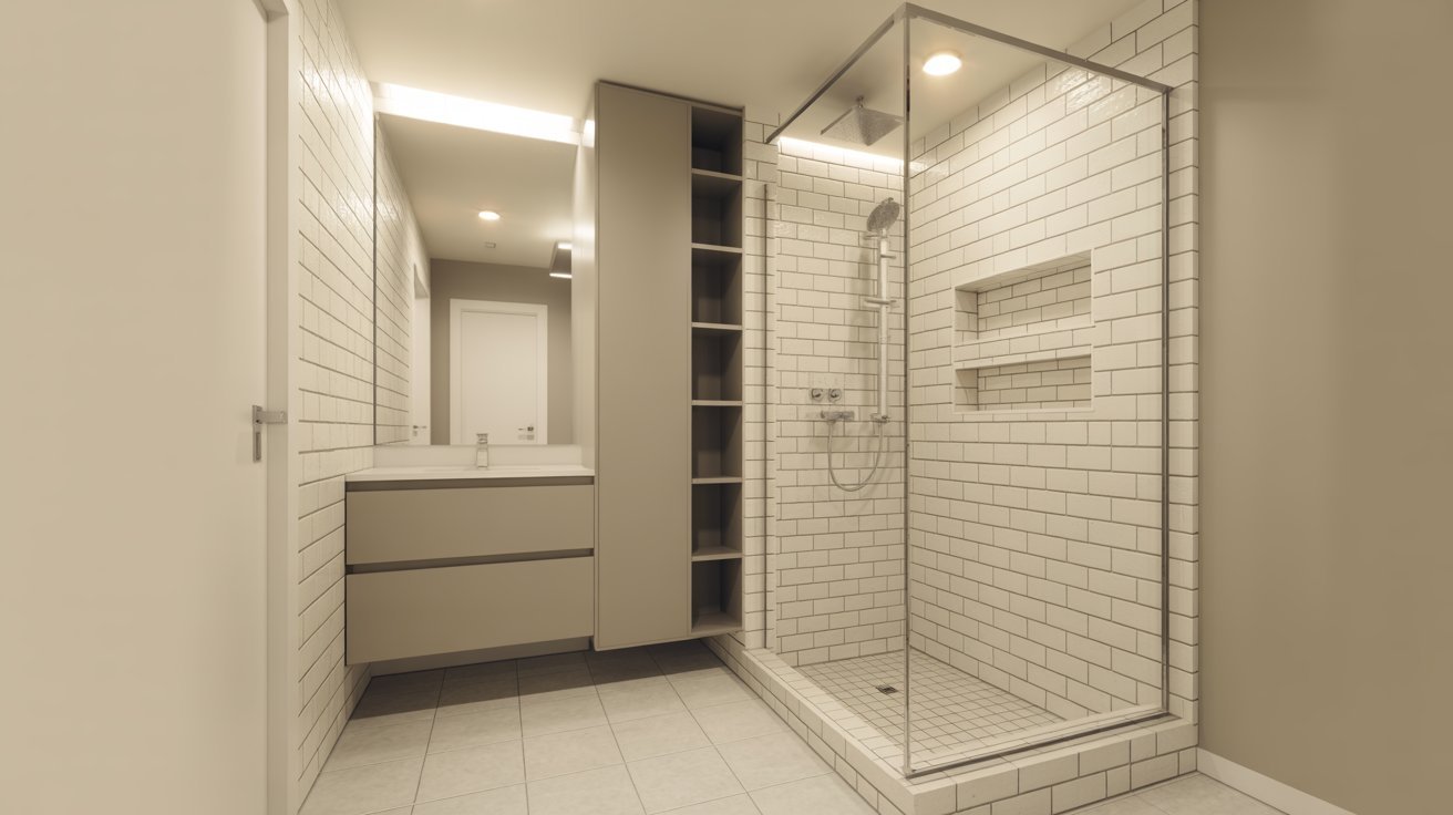 A bathroom featuring a shower and a sink, with modern fixtures and neutral-colored walls.