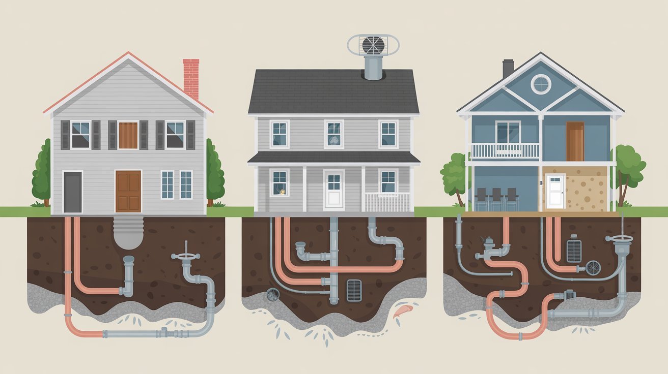 Three houses with various pipes protruding from the ground, showcasing a residential area with plumbing infrastructure.