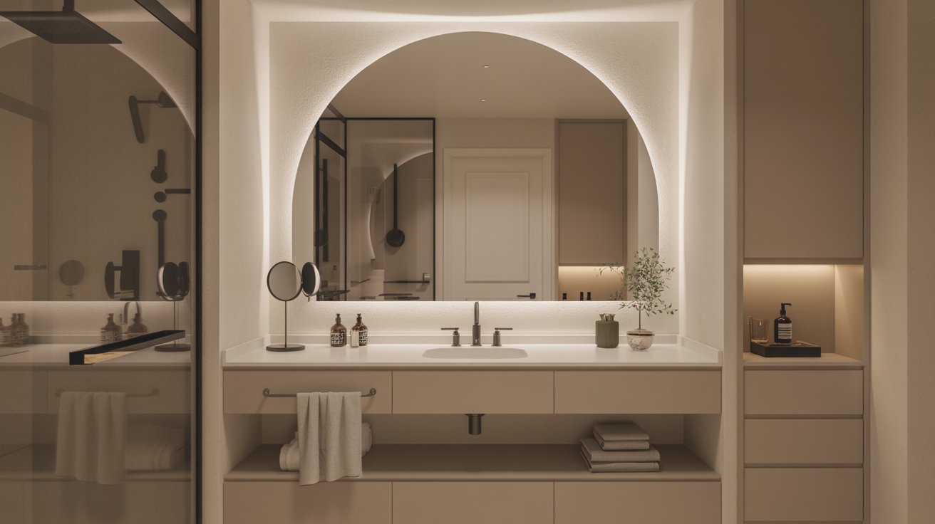A modern bathroom featuring a large mirror above a sleek sink, showcasing contemporary design elements.