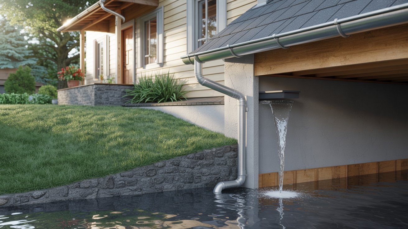 Water drainage system installed in a house, showing pipes and fixtures designed to manage rainwater and wastewater.