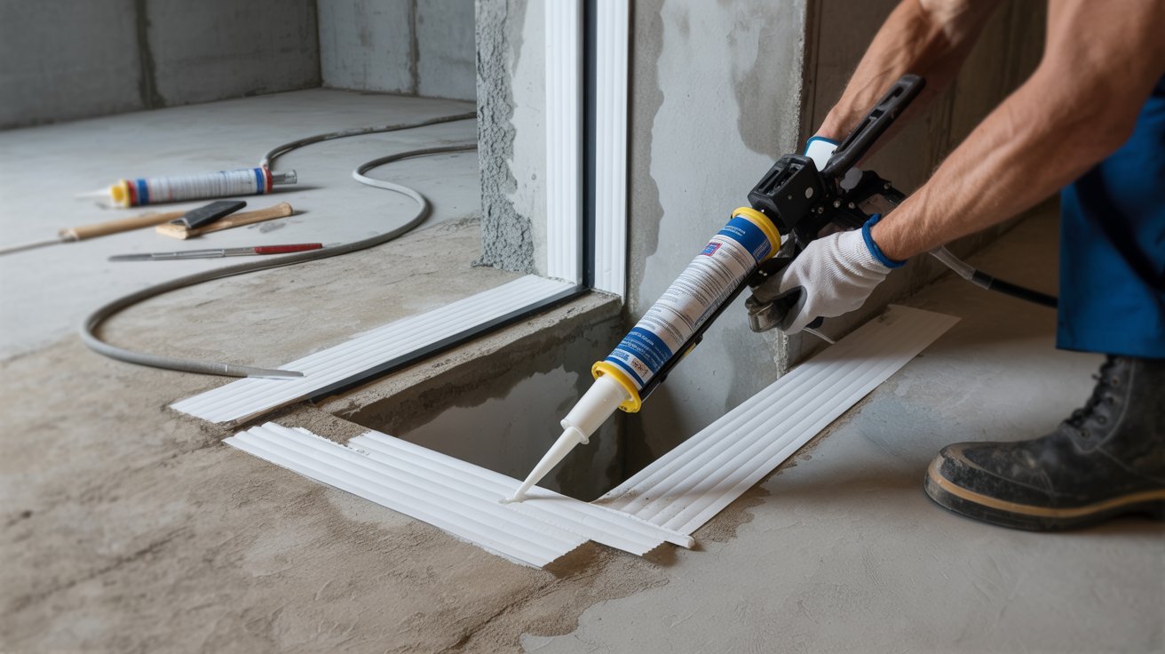 A man applying sealant to a window using a caulking gun for weatherproofing.