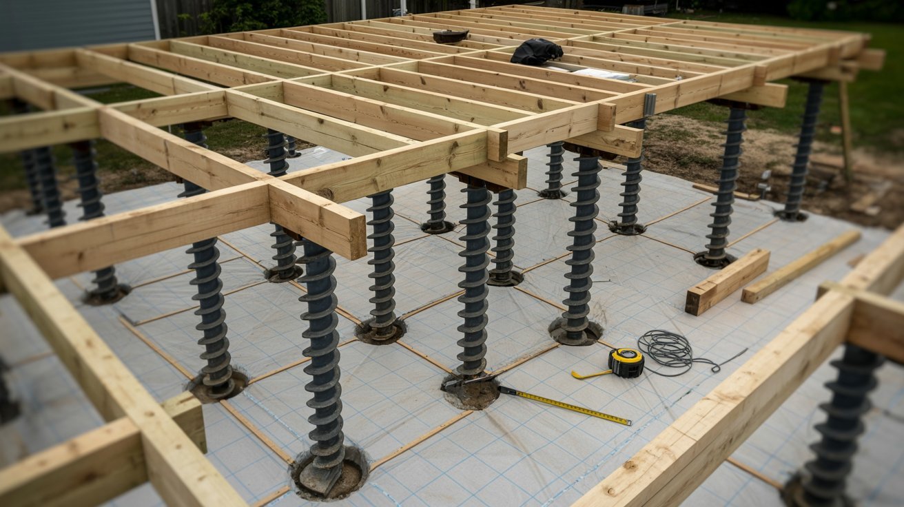 A wooden structure supported by a concrete slab and reinforced with steel rods.