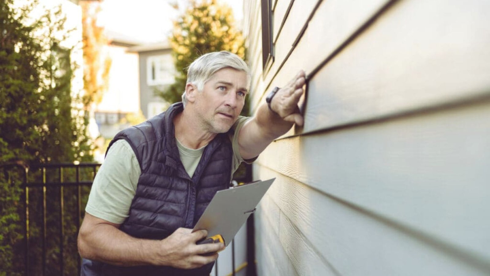 A man holds a clipboard while inspecting a house, appearing focused on its details.