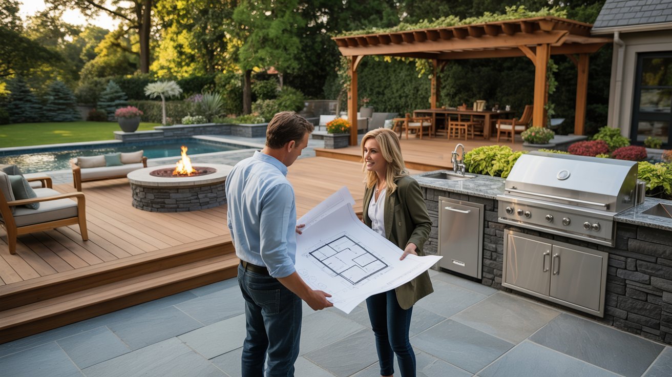 A man and woman stand in a backyard featuring a grill and a pool, enjoying a sunny day together.