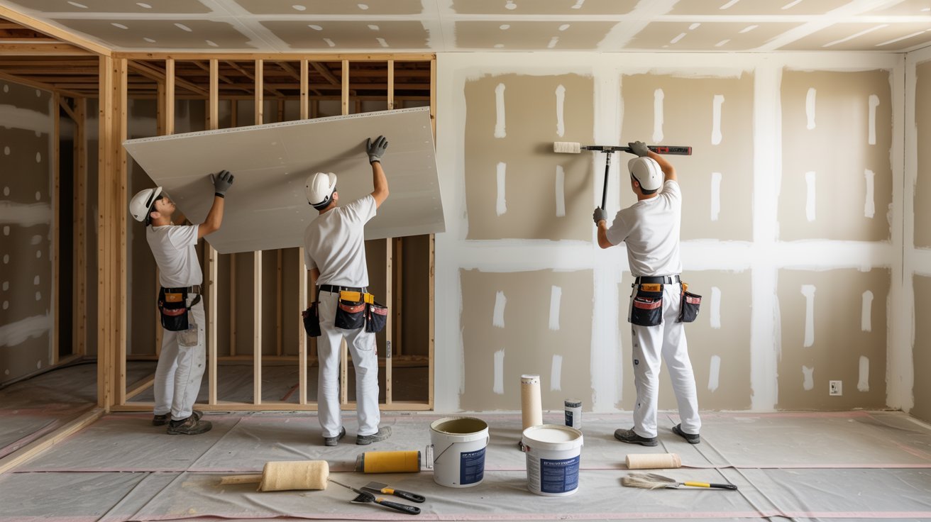 Three men in white shirts and hats are collaborating on renovations in a room.