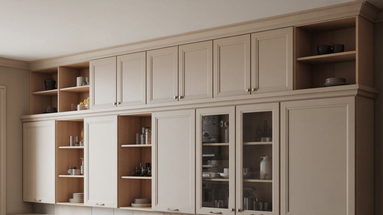 A kitchen featuring a large white cabinet and a sink, showcasing a clean and organized cooking space.