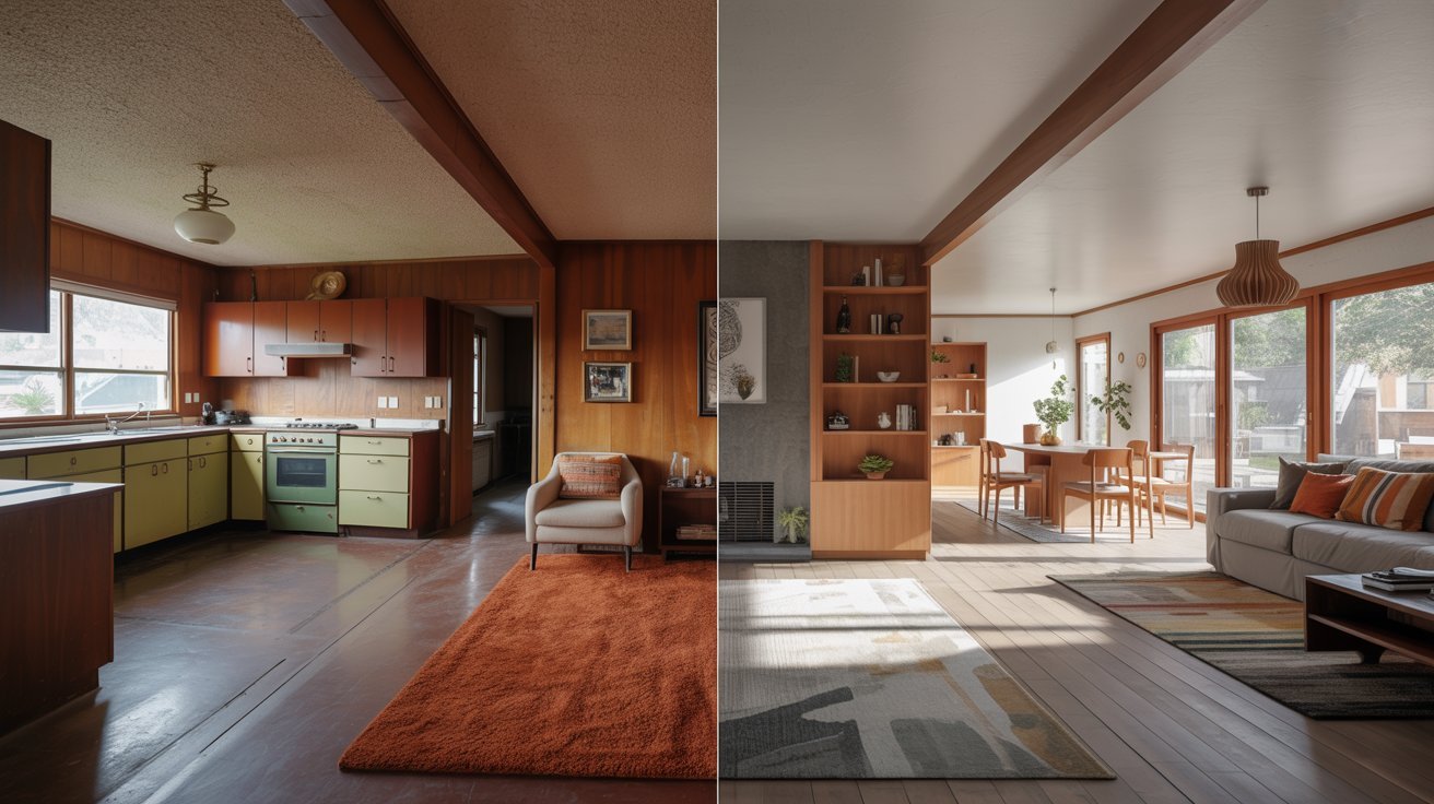 Before and after images of a living room and kitchen showcasing significant renovations and updated decor.