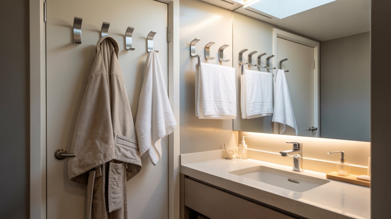 A bright bathroom featuring a sink, towel rack, and a skylight illuminating the space.