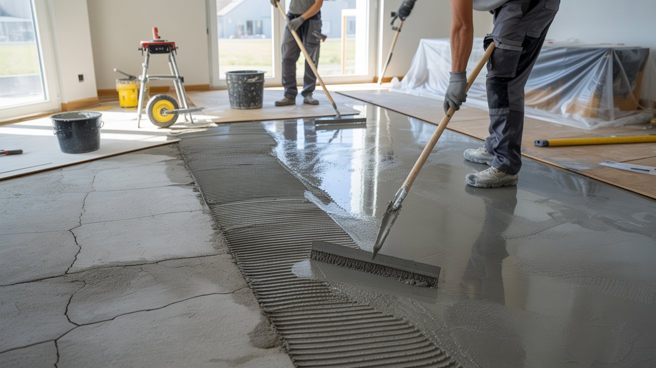Two men are applying finishing touches to a concrete floor in a construction setting.
