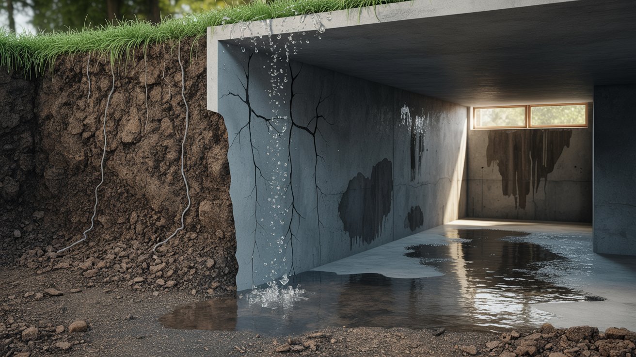 A concrete tunnel with water flowing out, surrounded by a rocky landscape.