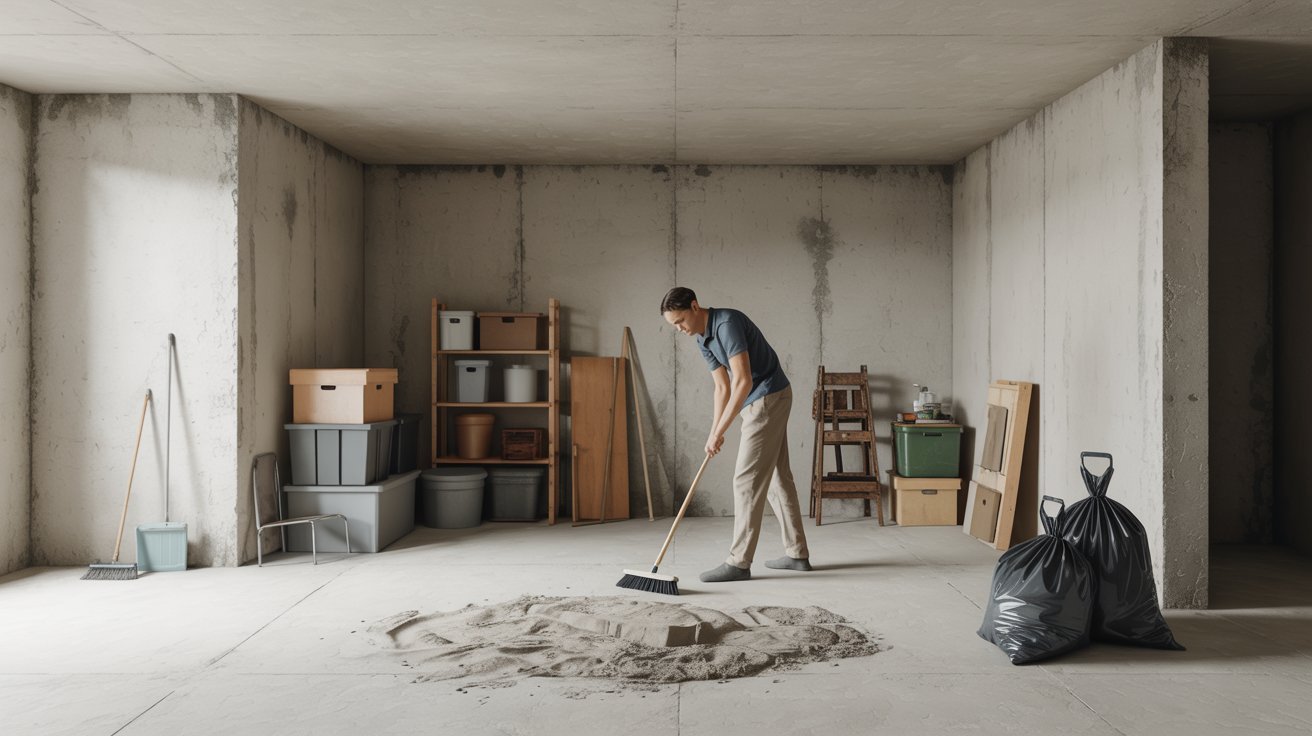 A man sweeping the floor in an empty room surrounded by various tools and items.
