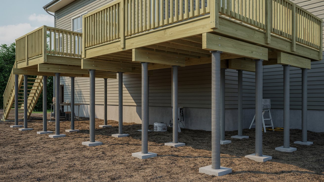 A wooden deck featuring sturdy posts and a set of stairs leading down.